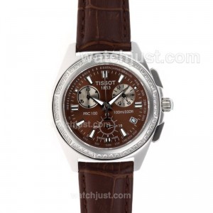 Replica Tissot Prc100 Working Diamond Bezel Brown Dial With Leather Strap Lady Size Watch