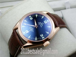 Omega Railmaster Replica Watches Swiss Movement Deep Blue Dial Brown Strap Watches