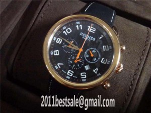 Replica Hermes Black Dial Full Gold Case Black Leather Strap Watches